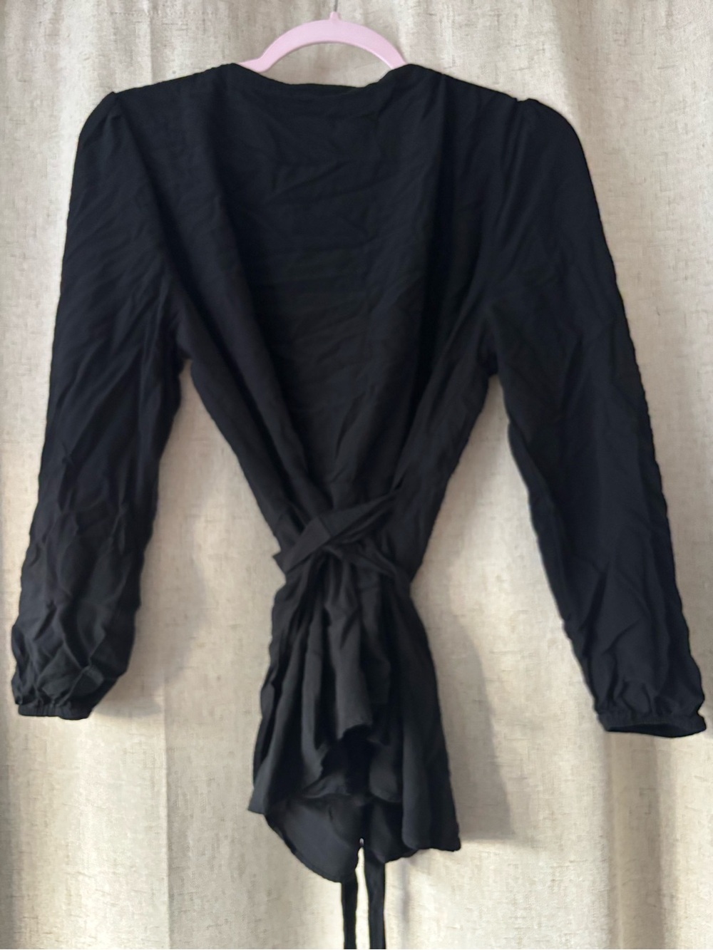 LOFT Black Wrap Blouse with Tie Waist and Puff Sleeves - Picture 6 of 6